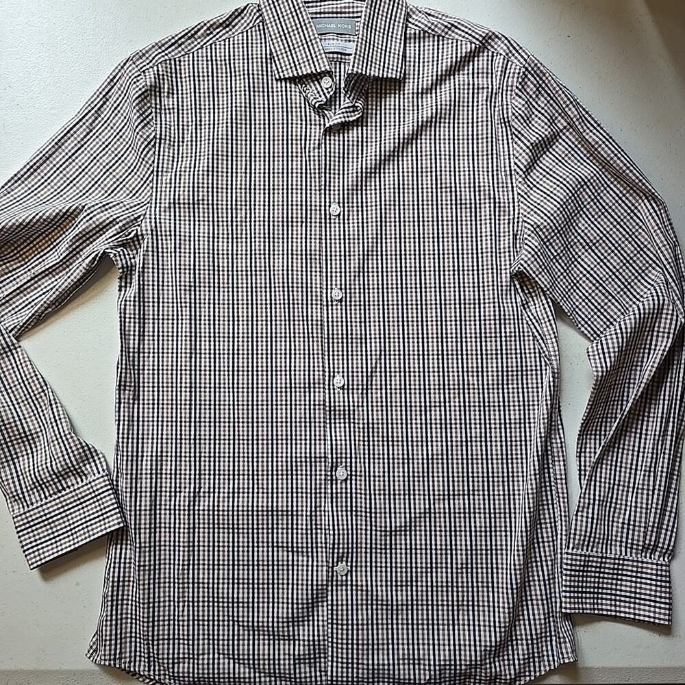 Michael Kors Men's Dress Shirt M 15 32/33 Slim Fit Stretch Brown White Black